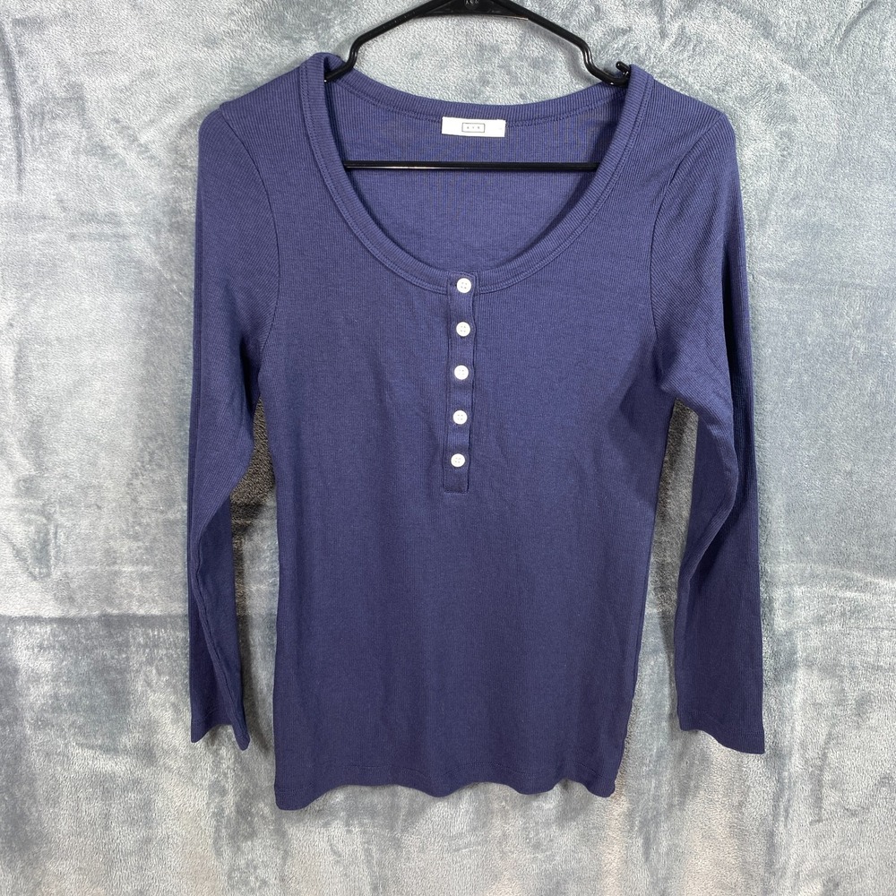 AYR The Open Ended Scoop Neck Top Women's Size L Blue Ribbed Pima Cotton Modal